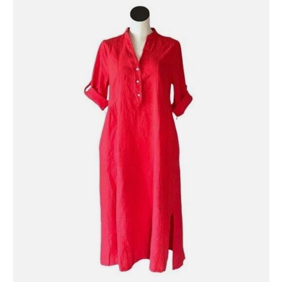 NWT Francesca Bettini Made In Italy Shirt Dress Red Linen Blend Pockets Size M - Picture 2 of 10